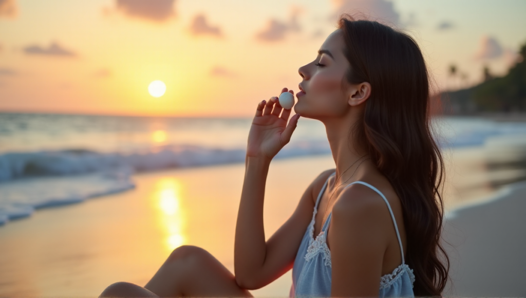 "A serene woman sits on a tranquil beach at sunset, listening to soothing waves with a seashell, embodying inner peace through digital wellness tools."