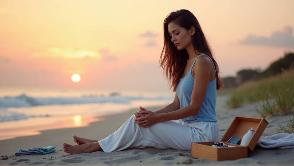 "A serene woman sits on a beach at sunset, surrounded by digital wellness tools like an essential oil diffuser, meditation beads, and a mindfulness journal."