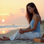"A serene woman sits on a beach at sunset, surrounded by digital wellness tools like an essential oil diffuser, meditation beads, and a mindfulness journal."