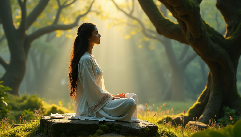 "A serene woman meditates in a lush forest, surrounded by natural beauty, evoking feelings of relaxation and inner peace."