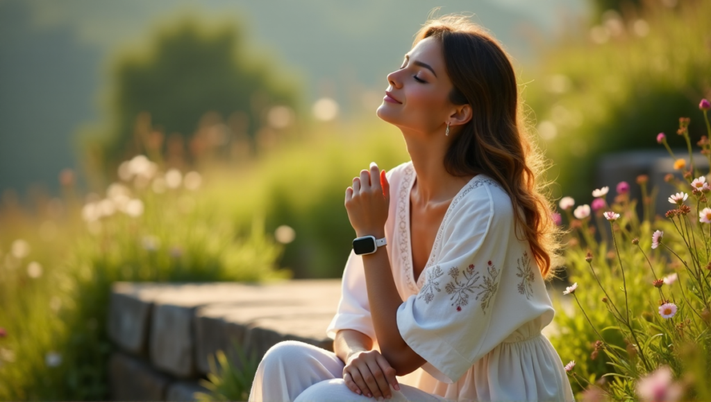 "A serene woman sits on a natural stone bench surrounded by lush greenery, wearing a flowing white linen dress, holding a CalmTech smartwatch with subtle glow."