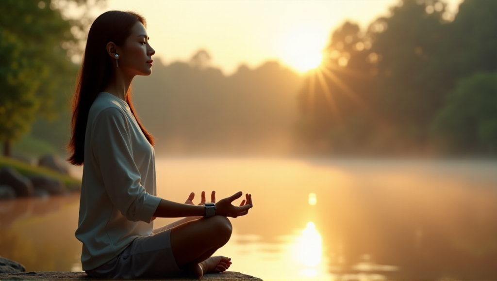"A serene middle-aged Asian woman meditates on a tranquil lake shore at dawn, surrounded by lush greenery and digital wellness tools."