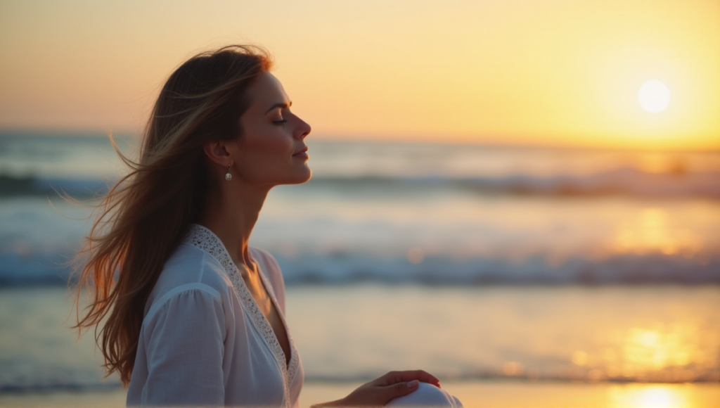 "A serene woman sits on a tranquil beach at sunset, embodying balance with digital wellness tools in harmony with nature."