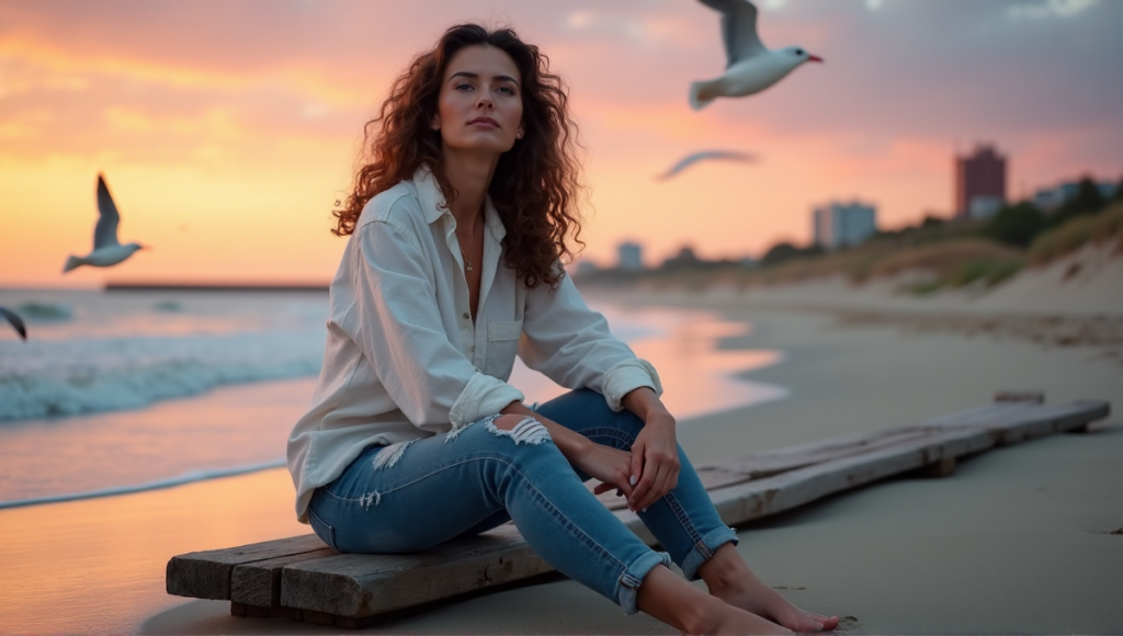 "A serene middle-aged woman sits on a beach at sunset, surrounded by gentle waves, wearing a smartwatch symbolizing digital wellness tools for stress management."