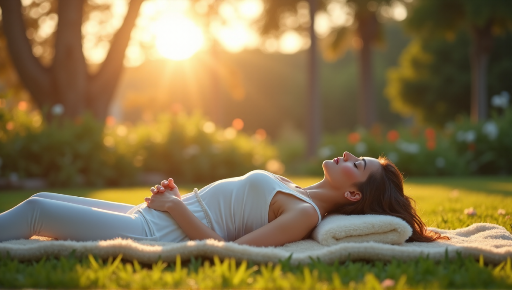 "A serene woman meditates in a peaceful garden at dawn, surrounded by lush greenery and vibrant flowers, evoking feelings of calmness and digital wellness."