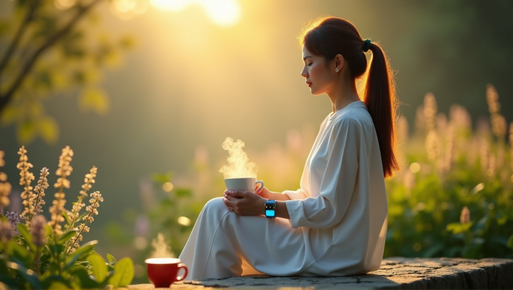 "A serene woman sits on a natural stone bench amidst lush greenery and vibrant flowers, surrounded by soft morning light, holding a silver smartwatch with a glowing blue screen and cradling a steaming tea cup."
