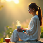 Smart Wellness Solutions for Busy Lives: Find Inner Peace with Top Digital Tools "A serene woman sits on a natural stone bench amidst lush greenery and vibrant flowers, surrounded by soft morning light, holding a silver smartwatch with a glowing blue screen and cradling a steaming tea cup."