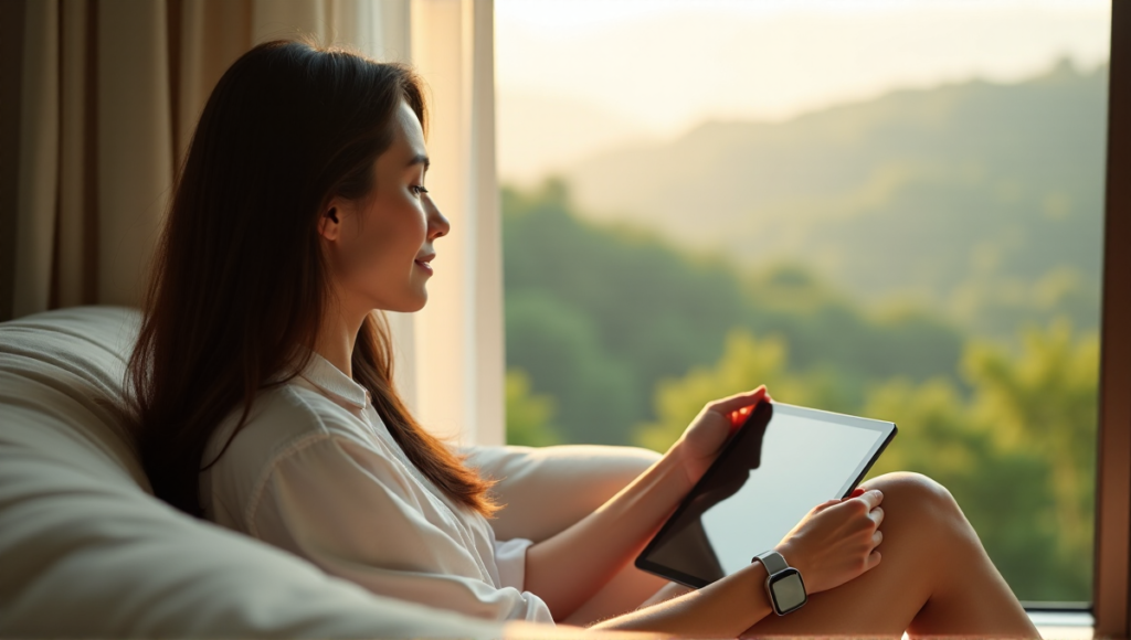 "A serene woman relaxes on a cream-colored couch surrounded by digital wellness tools, enjoying nature's tranquility through her smartwatch, headphones, and iPad."
