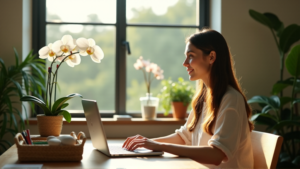 "A serene home office scene featuring a woman typing on a wooden desk surrounded by lush greenery and natural materials, promoting holistic productivity with digital wellness tools."
