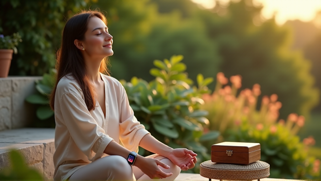 "A serene woman sits on a natural stone bench amidst lush greenery, holding a silver smartwatch with a glowing screen and resting her hand on a rosewood meditation box."
