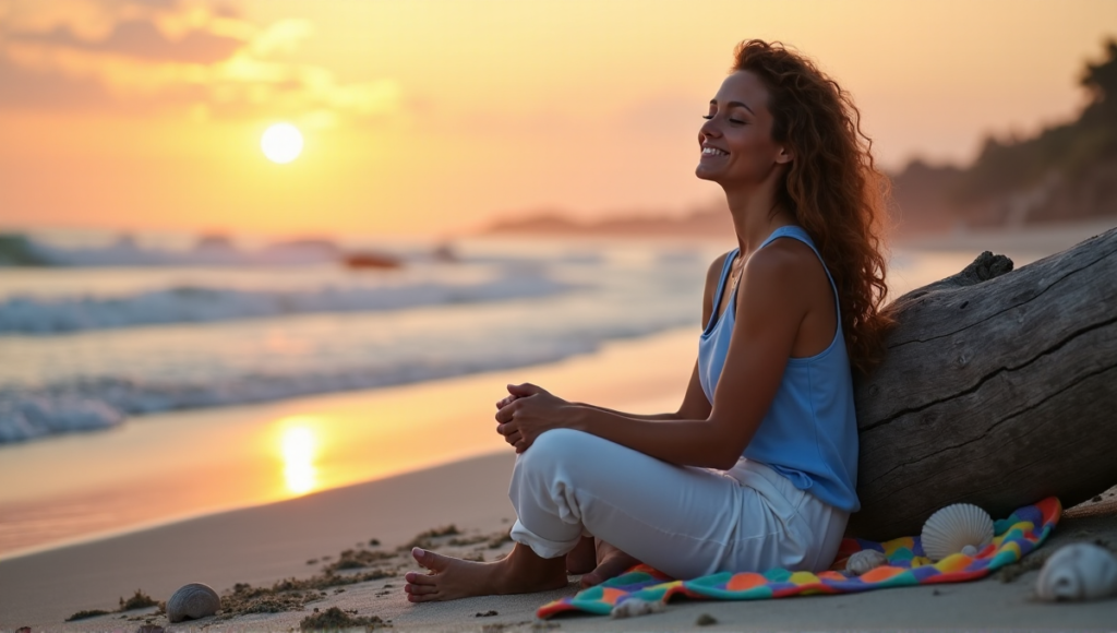 "A serene woman sits on a tranquil beach at sunset, surrounded by gentle waves and soft sand, embodying inner calm with digital wellness tools."