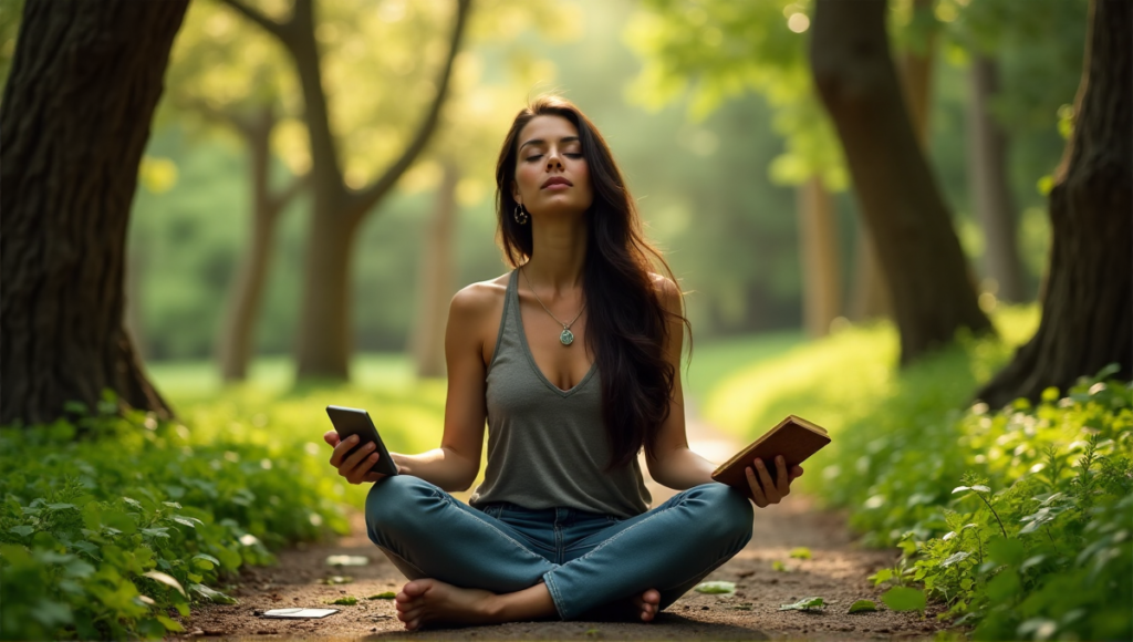 "A serene woman sits cross-legged on a natural stone bench in a lush forest clearing, using digital wellness tools to find inner calm."