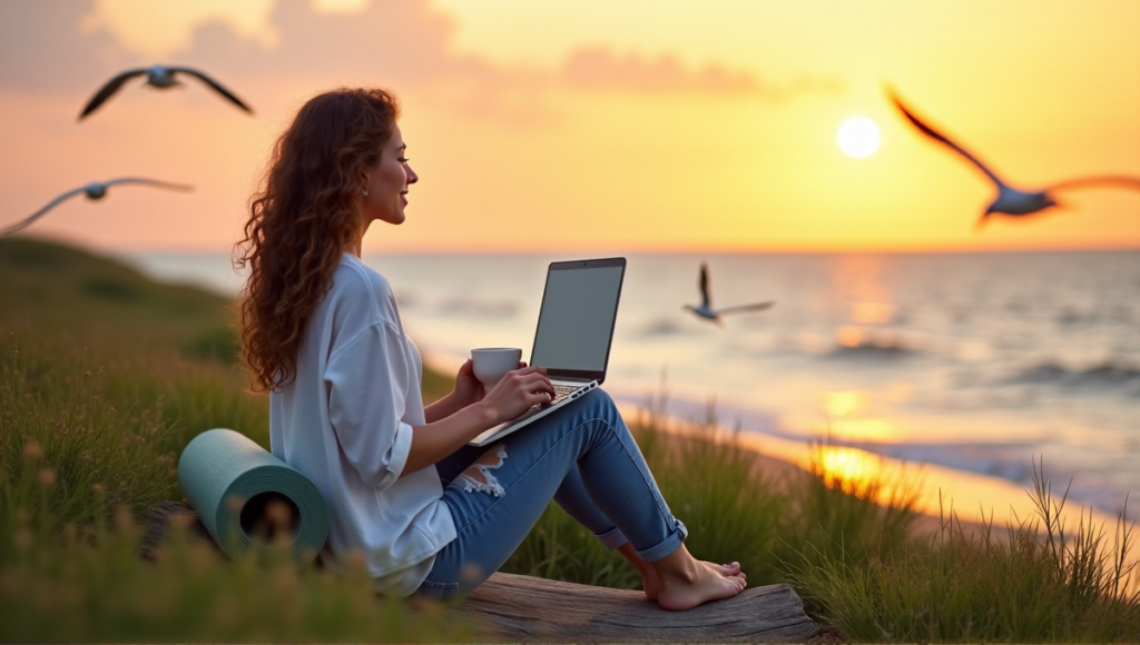 "A serene woman sits on a beach bench at sunset, effortlessly working with digital wellness tools amidst nature's tranquility."
