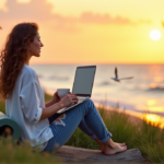 "Work-Life Balance Made Easy with Calmio's Top Digital Wellness Solutions" "A serene woman sits on a beach bench at sunset, effortlessly working with digital wellness tools amidst nature's tranquility."