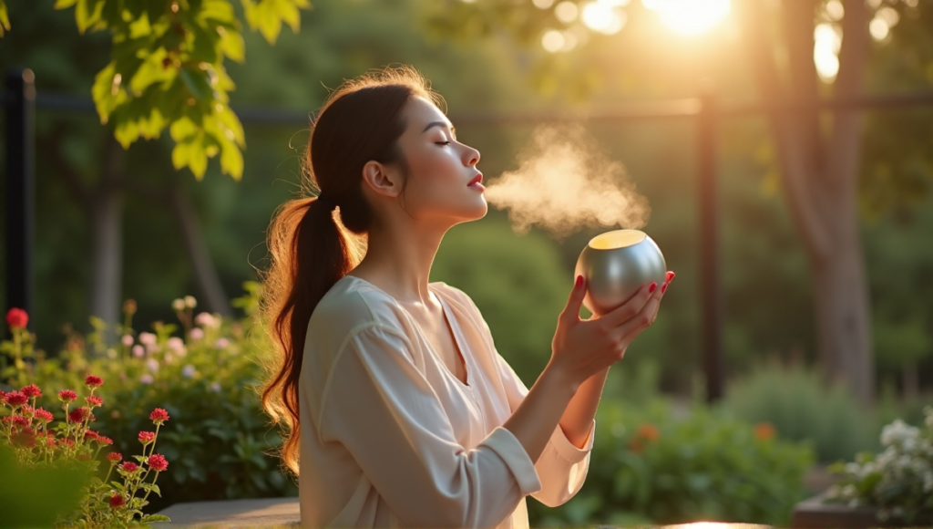 "A serene woman sits on a natural stone bench in a tranquil garden setting, surrounded by lush greenery and vibrant flowers, gently holding an essential oil diffuser and mental wellness tracker device."