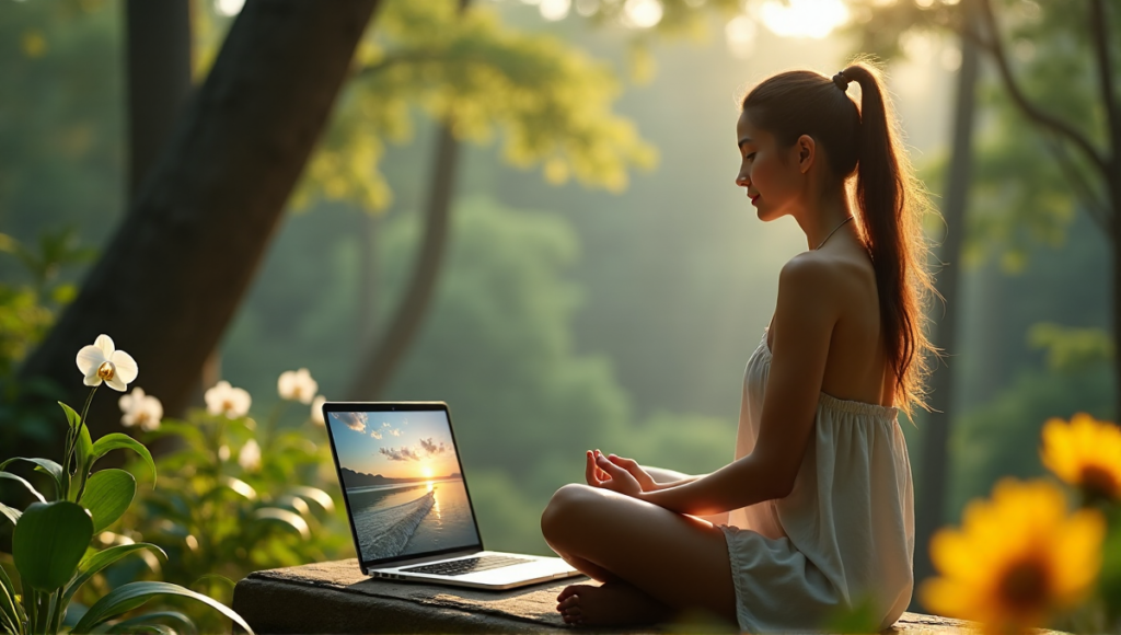 "A serene woman sits on a natural stone bench in a lush forest, surrounded by tall trees and vibrant greenery, gazing at her laptop displaying a calming digital landscape."
