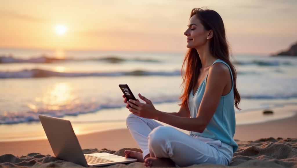 "A young woman sits on a serene beach at sunset, surrounded by calm ocean waves, laptop open to mental health app, practicing mindfulness with digital wellness tools."