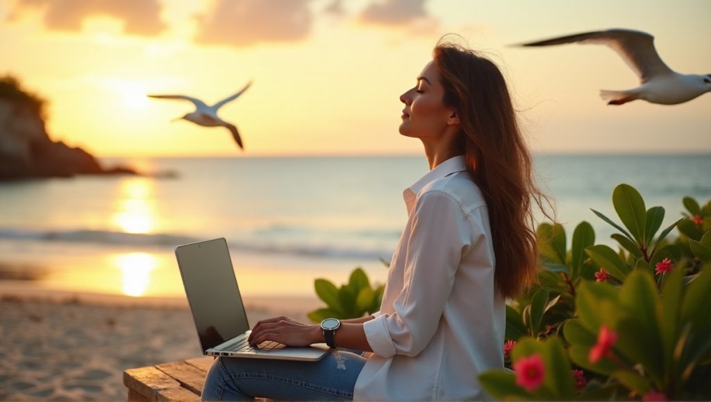 "A serene woman sits on a tranquil beach at sunset, embodying perfect work-life balance with digital wellness tools integrated into her natural surroundings."