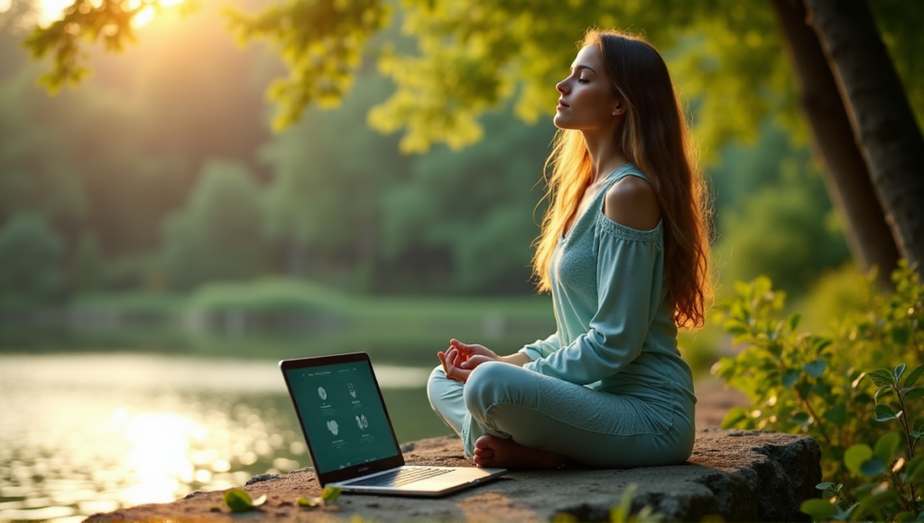"A serene woman sits on a natural stone bench near a tranquil lake at dawn, surrounded by lush greenery, using digital wellness tools to achieve emotional balance."