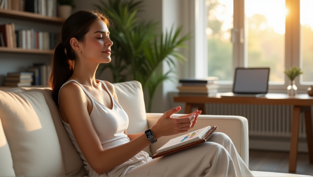 "A serene young woman relaxes on a couch with digital wellness tools nearby, exuding calmness and motivation."