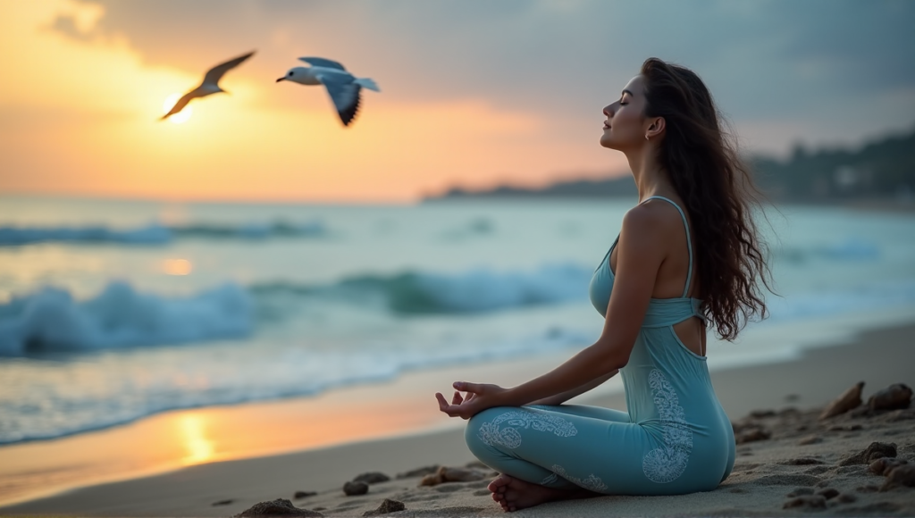 "A serene woman sits on a tranquil beach at sunset, embodying balance and inner peace amidst life's chaos, surrounded by natural beauty and digital wellness tools."