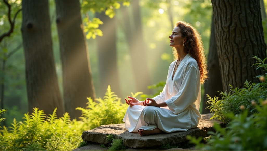 "A serene woman sits on a natural stone bench in a lush forest, embodying mindful living through digital wellness tools."
