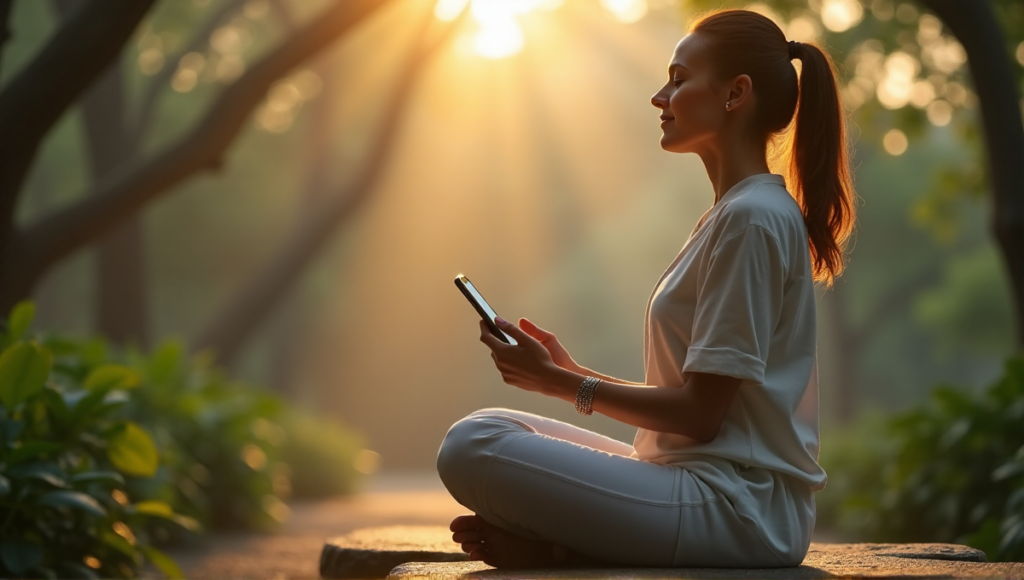 "A serene woman meditates in nature, surrounded by lush greenery, with a smartphone and mindfulness ring, exuding digital wellness and tranquility."
