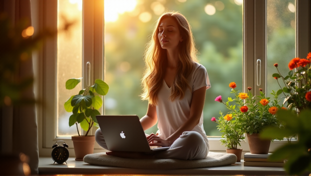 "A serene woman meditates on a windowsill surrounded by lush greenery and vibrant flowers, with digital wellness tools subtly integrated into the scene."