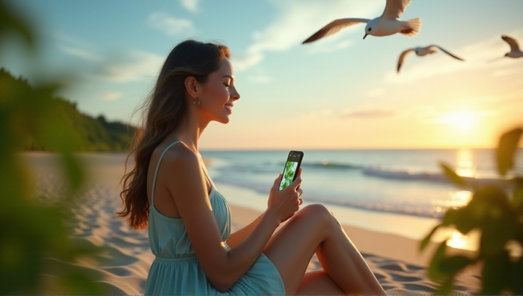 "A serene woman sits on a tranquil beach at sunset, surrounded by lush greenery, with her eyes closed and iPhone displaying nature sounds app."