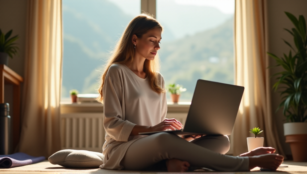 A serene woman in a home office environment surrounded by digital wellness tools and wellness gadgets, exuding relaxation and tranquility.