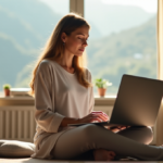 Smart Stress-Relief Solutions That Fit Your Routine A serene woman in a home office environment surrounded by digital wellness tools and wellness gadgets, exuding relaxation and tranquility.