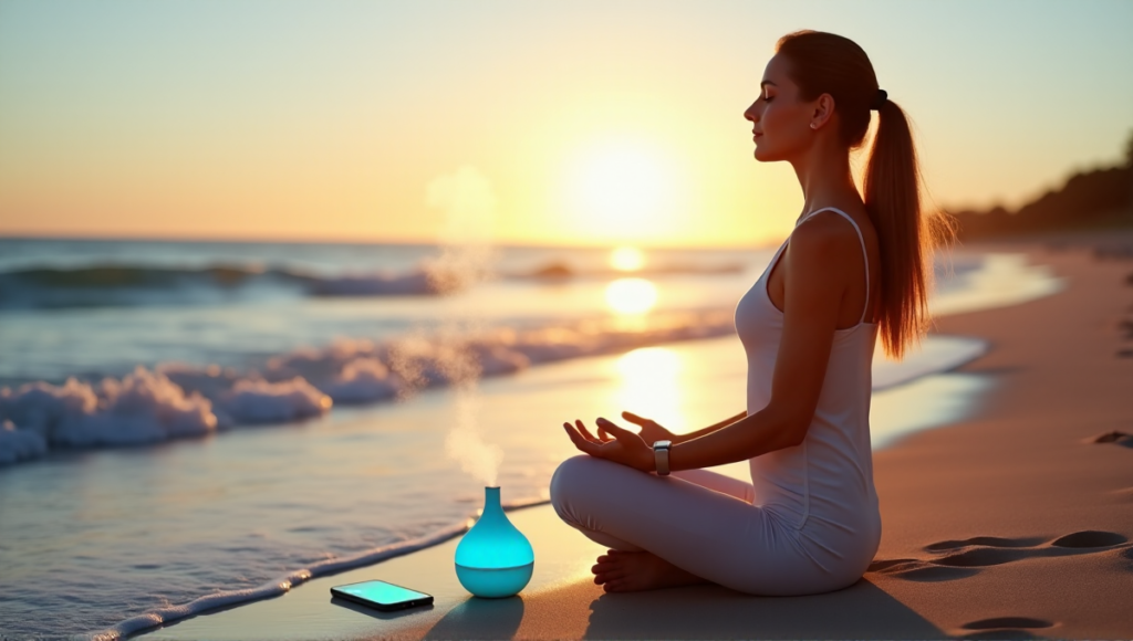 "A serene woman sits on a tranquil beach at sunset, surrounded by calming digital wellness tools, including a smartphone and smartwatch with soft blue screens."