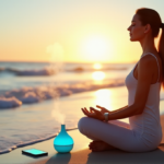 "A serene woman sits on a tranquil beach at sunset, surrounded by calming digital wellness tools, including a smartphone and smartwatch with soft blue screens."