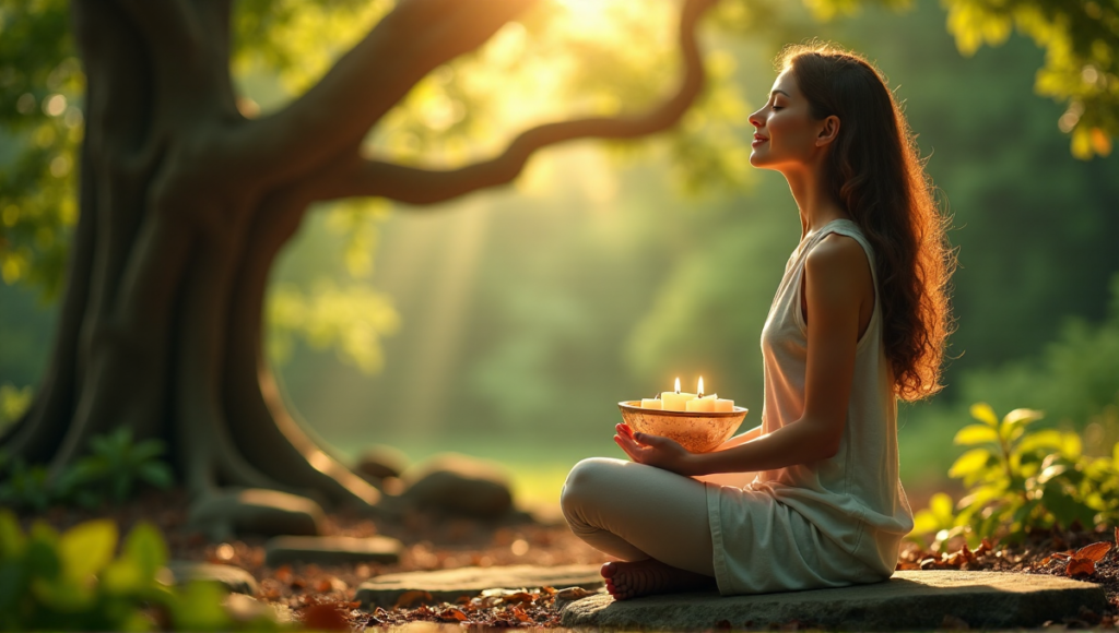 "A serene woman sits on a natural stone bench in a lush forest, surrounded by candles and trees, exuding inner peace amidst digital wellness tools."