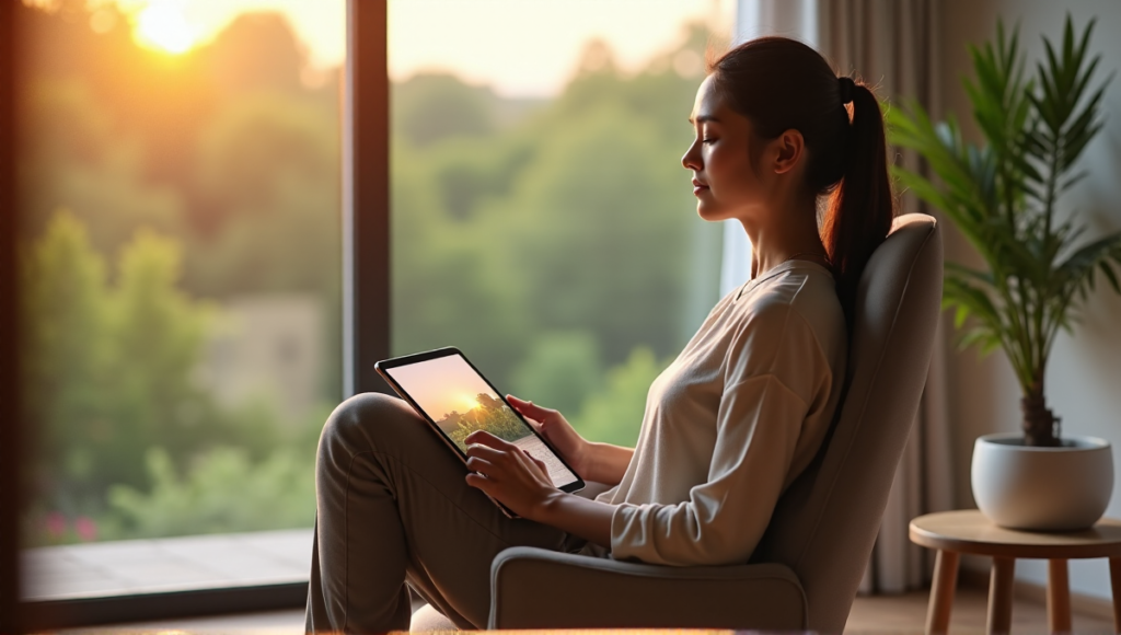 "A young woman sits comfortably on an ergonomic chair, surrounded by digital wellness tools, with her eyes closed and hands on a tablet displaying a serene landscape."
