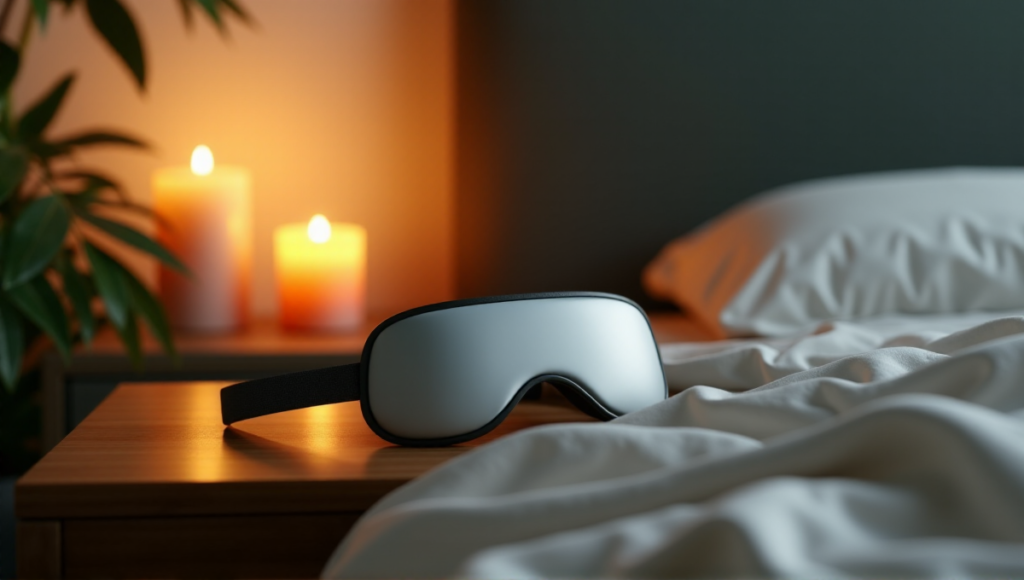 "A serene bedroom setting featuring a sleek smart sleep mask on a minimalist wooden bedside table surrounded by lush greenery and candles, highlighting digital wellness tools."