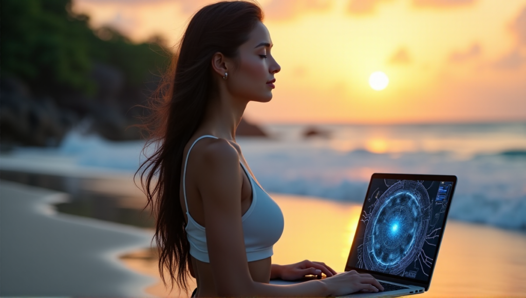 "A serene woman meditates on a tranquil beach at sunset, surrounded by gentle waves and lush greenery, with a sleek laptop displaying fractal patterns."