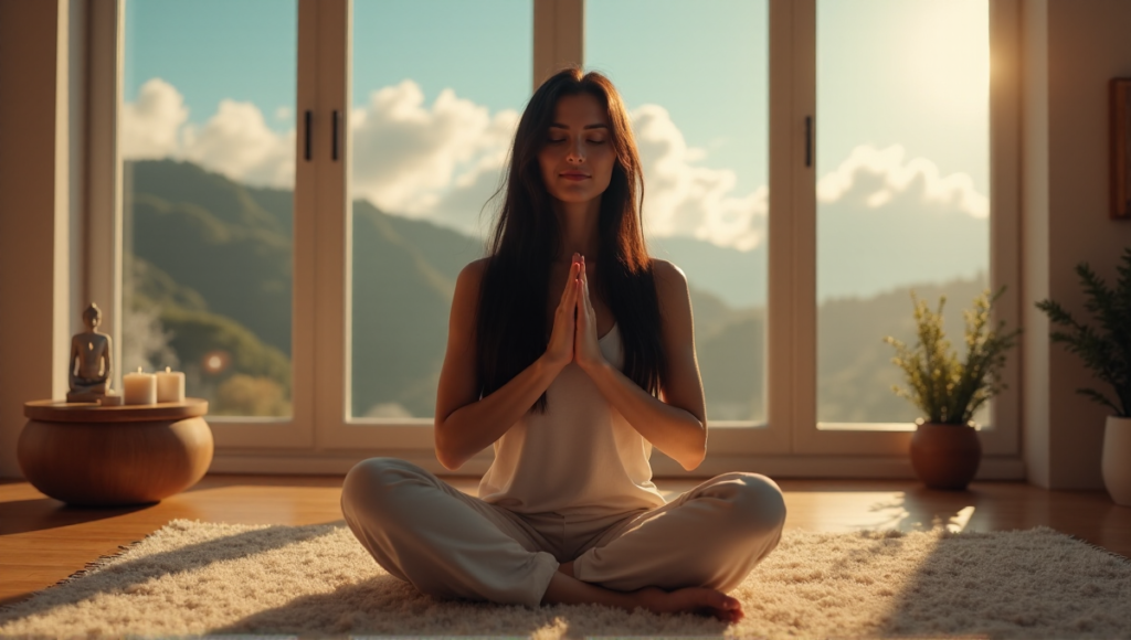 "A serene meditation room scene featuring a person in cross-legged position on a plush rug surrounded by calming objects, exuding inner peace amidst warm golden light."