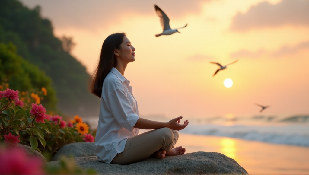 "A serene middle-aged Asian woman meditates on a tranquil beach at sunset, surrounded by lush greenery and tropical flowers, embodying digital wellness tools for inner peace."