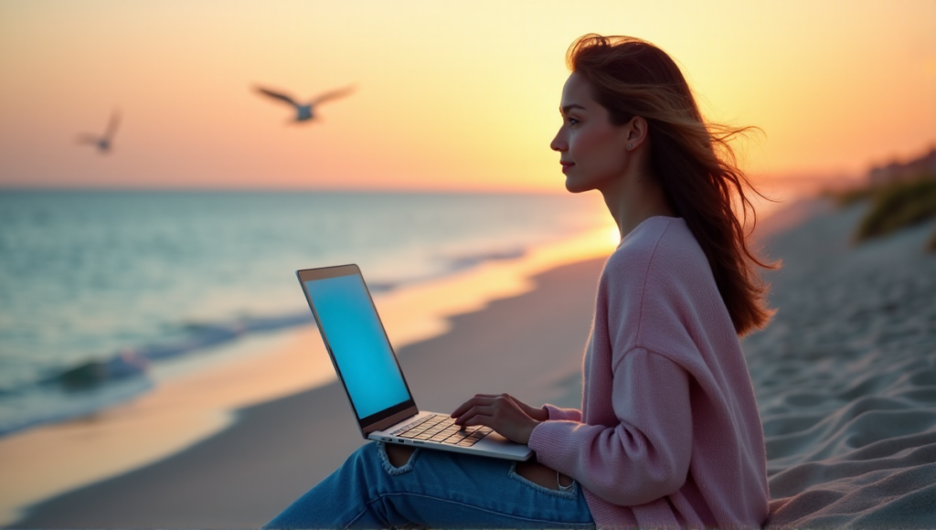 "A young woman sits on a serene beach at sunset, laptop closed beside her with soft blue glow, gazing out at turquoise water in digital wellness."