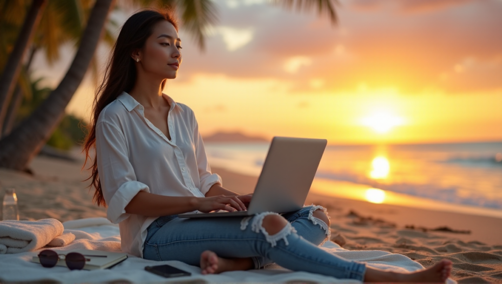 "A serene Asian woman sits on a tranquil beach at sunset, balancing work with digital wellness tools and personal life."