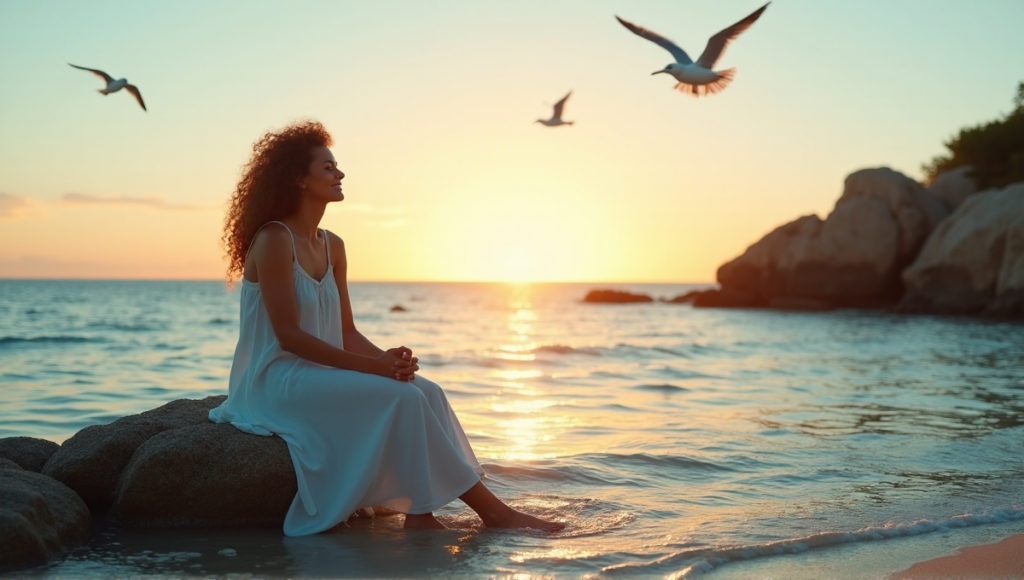 "A serene woman sits on a rocky beach at sunset, surrounded by ocean water, pebbles, and seagulls, exuding inner peace with digital wellness tools in mind."