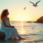 "A serene woman sits on a rocky beach at sunset, surrounded by ocean water, pebbles, and seagulls, exuding inner peace with digital wellness tools in mind."