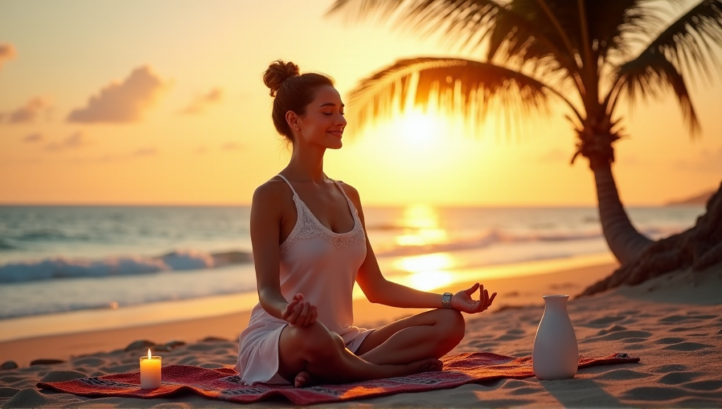 "A serene woman meditates on a tranquil beach at sunset, surrounded by calming candles, essential oils, and digital wellness tools."