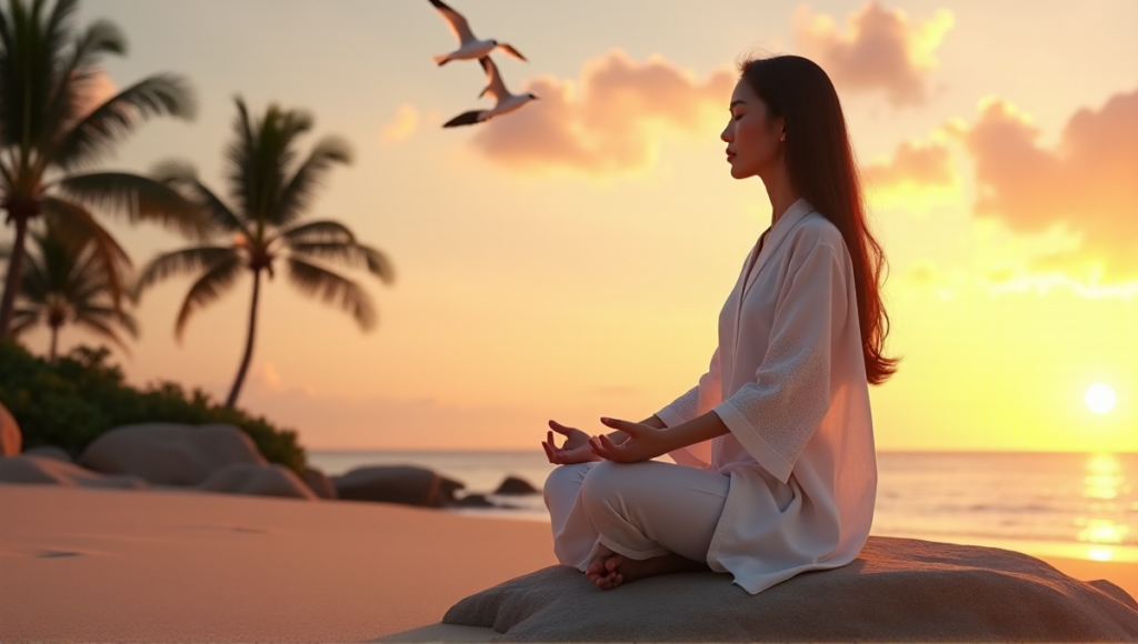 "A serene middle-aged Asian woman meditates on a tranquil beach at sunset, surrounded by digital wellness tools promoting inner peace and balance."