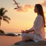 "A serene middle-aged Asian woman meditates on a tranquil beach at sunset, surrounded by digital wellness tools promoting inner peace and balance."