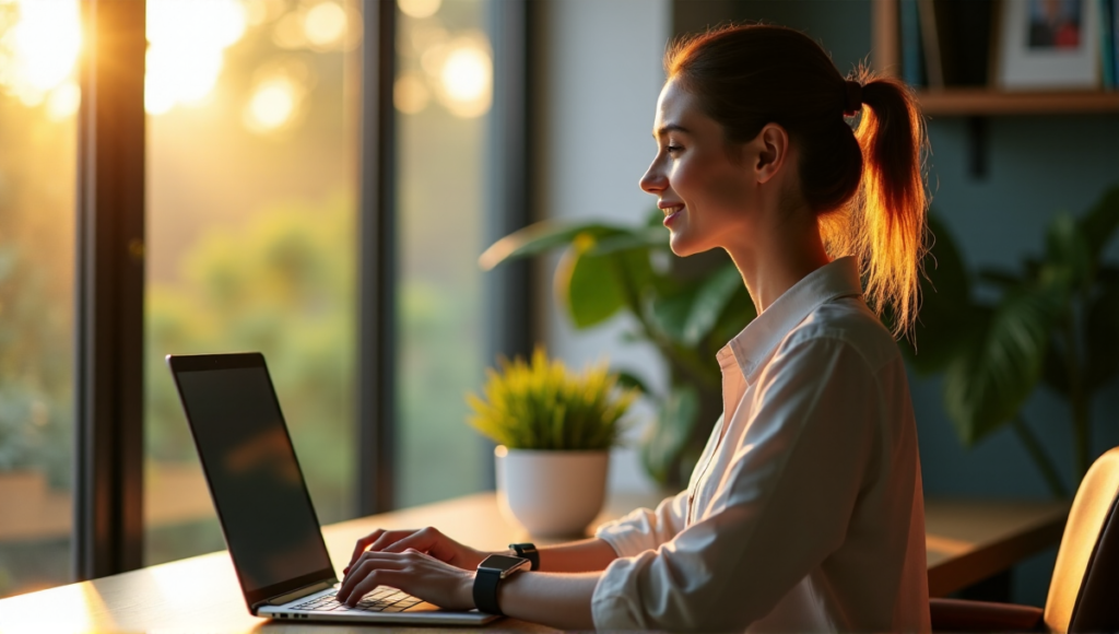 "A young woman sits at a minimalist desk, smiling softly as she gazes out the window, surrounded by digital wellness tools and serene morning light."