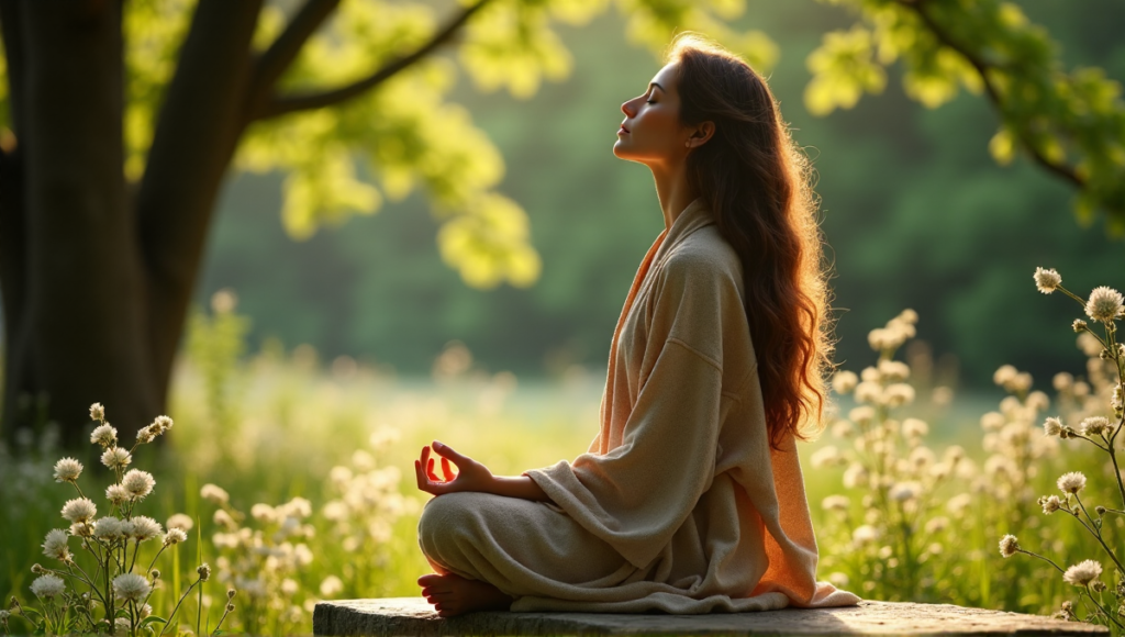 "A serene woman meditates in a lush forest, surrounded by nature's tranquility, embodying holistic wellbeing with digital wellness tools."