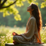 "A serene woman meditates in a lush forest, surrounded by nature's tranquility, embodying holistic wellbeing with digital wellness tools."