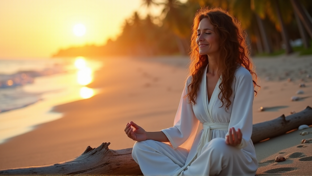 "A serene woman meditates on a tranquil beach at sunset, surrounded by natural beauty and digital wellness tools."